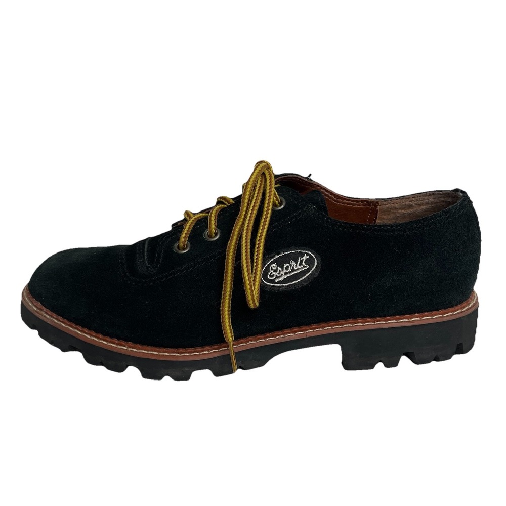 VTG Esprit Logo Patch Black Suede Leather Chalet Loafer Shoes Lug Preppy Y2K 90s